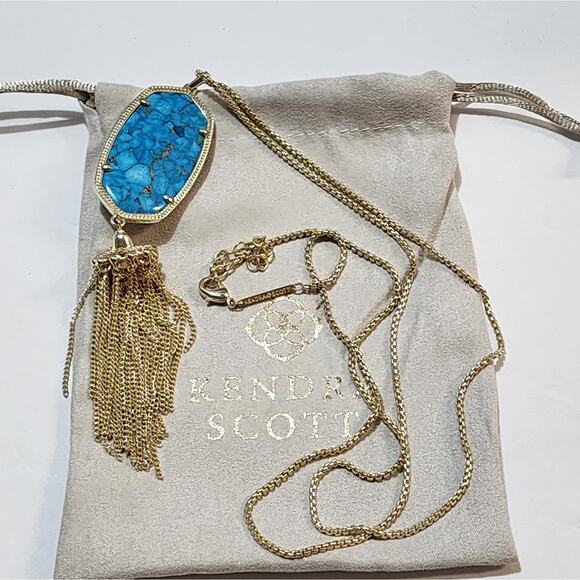Kendra Scott Bronze Veined Turquoise Gold Tassel Rayne Pendant Necklace - Picture 2 of 6